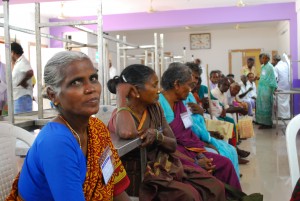 A long line of patients waiting to be interviewed by us.