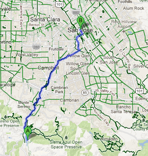 An overall look at the LG Creek Trail in its entirety, from the Lexington Reservoir (A) to downtown San Jose (B) Source: Google Maps