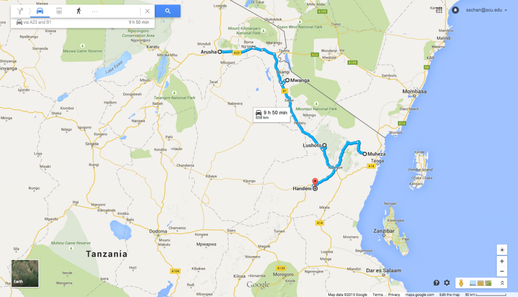 The route we took for our first field visit to the districts of Mwanga, Lushoto, Muheza, and Handeni.