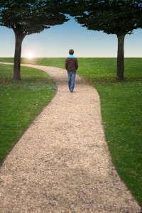 A boy walking along a winding path between two trees towards a setting sun