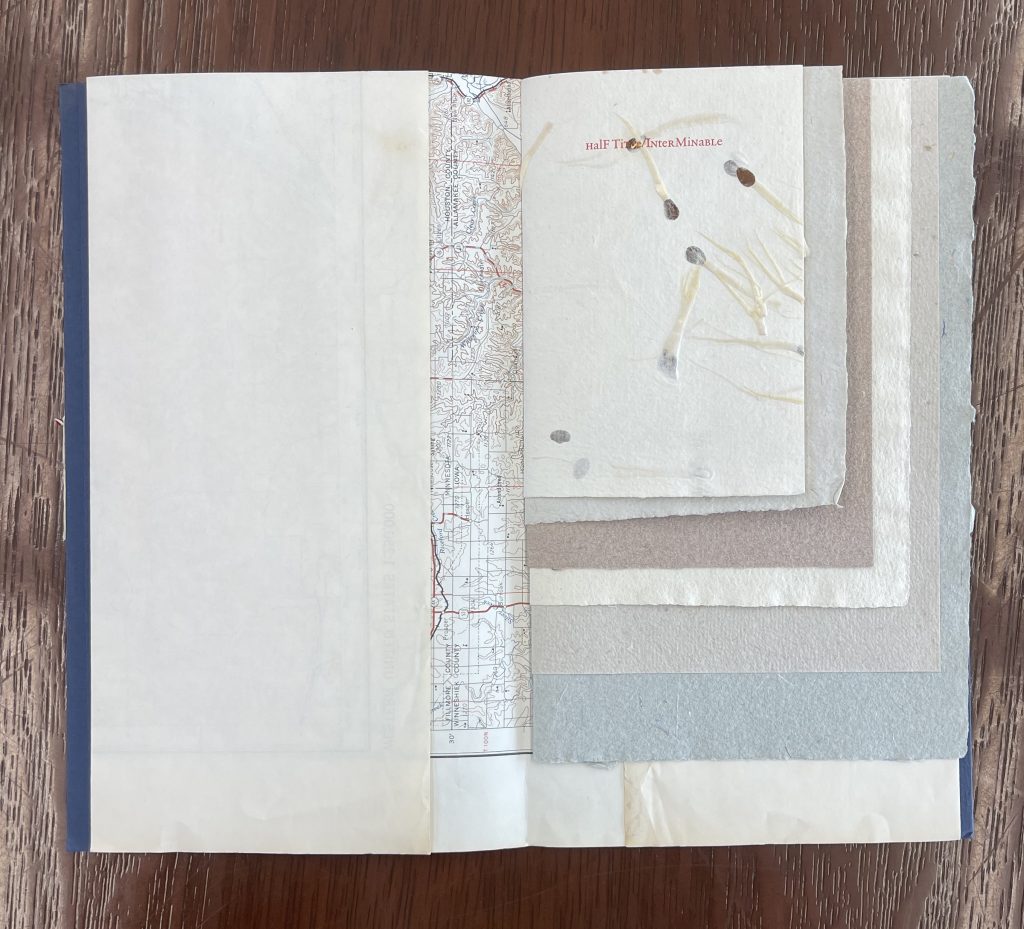 An open book with pages of different sizes titled: Half Title/ Interminable.