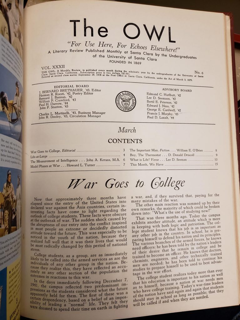 Page from student publication The Owl with the headline "War Goes to College"