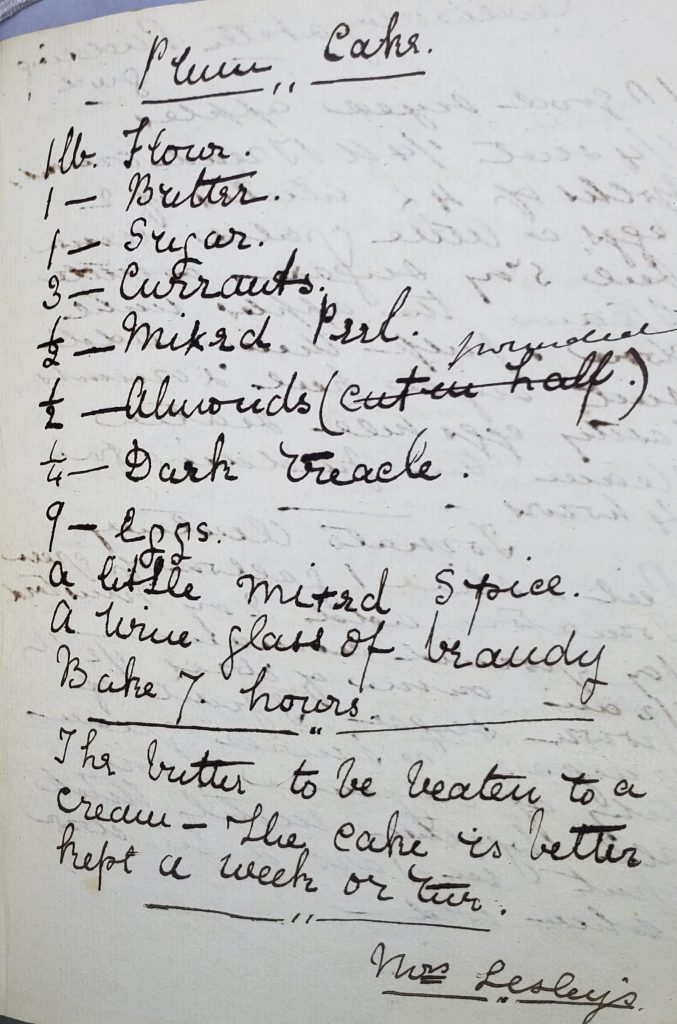 Manuscript page of recipe for Plum Cake