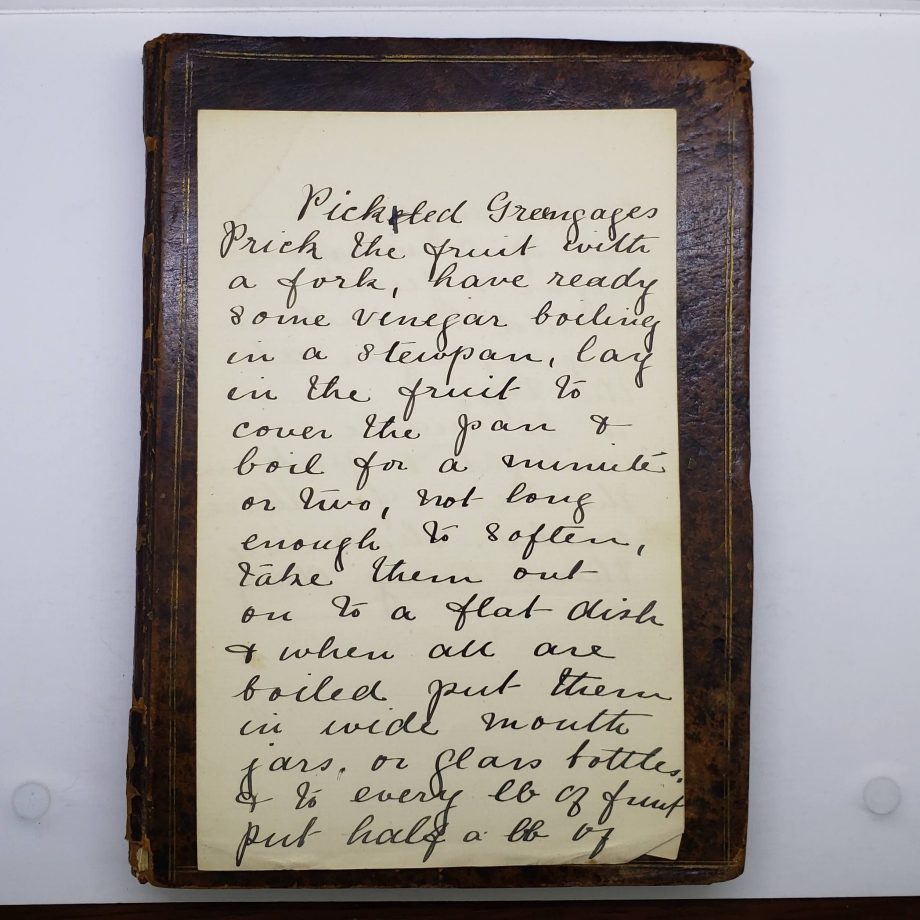 Cover of recipe book with recipe for greengages