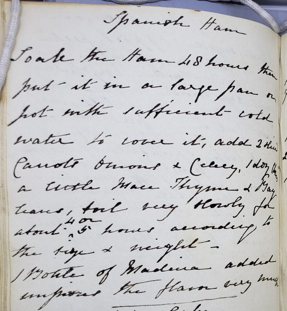Manuscript page of recipe for Spanish Ham