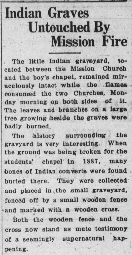 Santa Clara student newspaper article, "Indian Graves Untouches by Mission Fire"