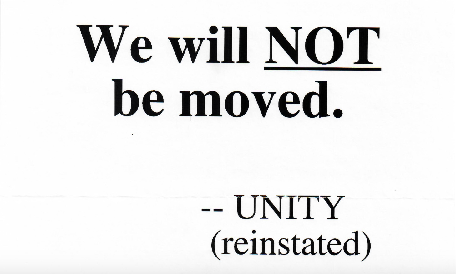Screenshot of document stating 'We will NOT be moved.'