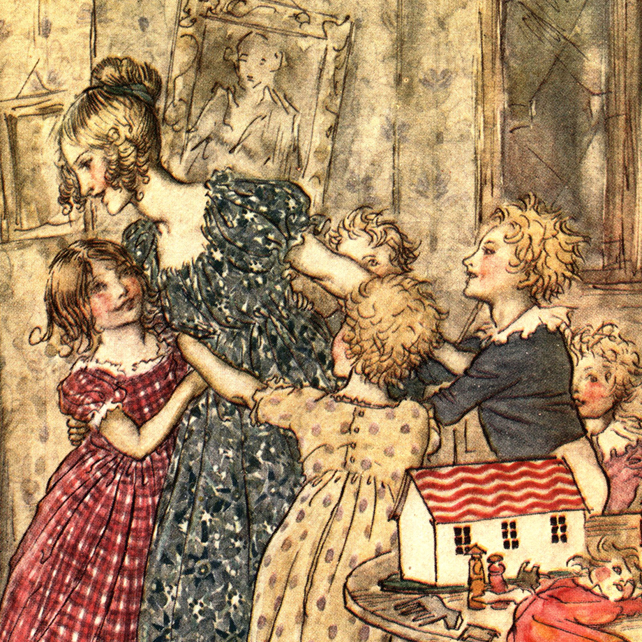 Detail of illustration from A Christmas Carol that depicts a group of children hugging a woman.