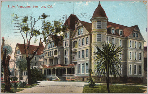 Color postcard of the Hotel Vendome in San Jose California.
