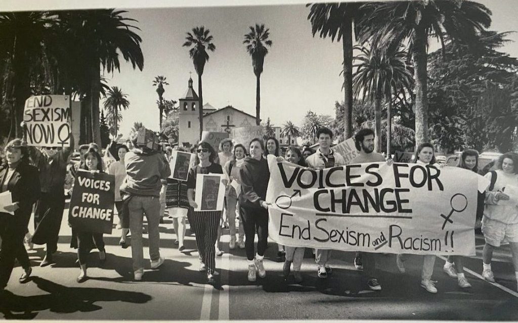 Sexism and racism protest spurred by sexist and racist fraternity newsletter becoming public, 1990