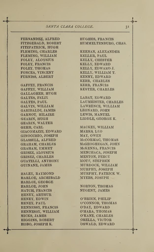 Catalogue of Santa Clara College 1894-1895, Joseph K. Hobo's name is listed at the bottom of the left column