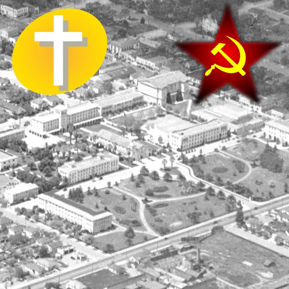 aerial view of SCU circa 1950s with cross and communist emblem