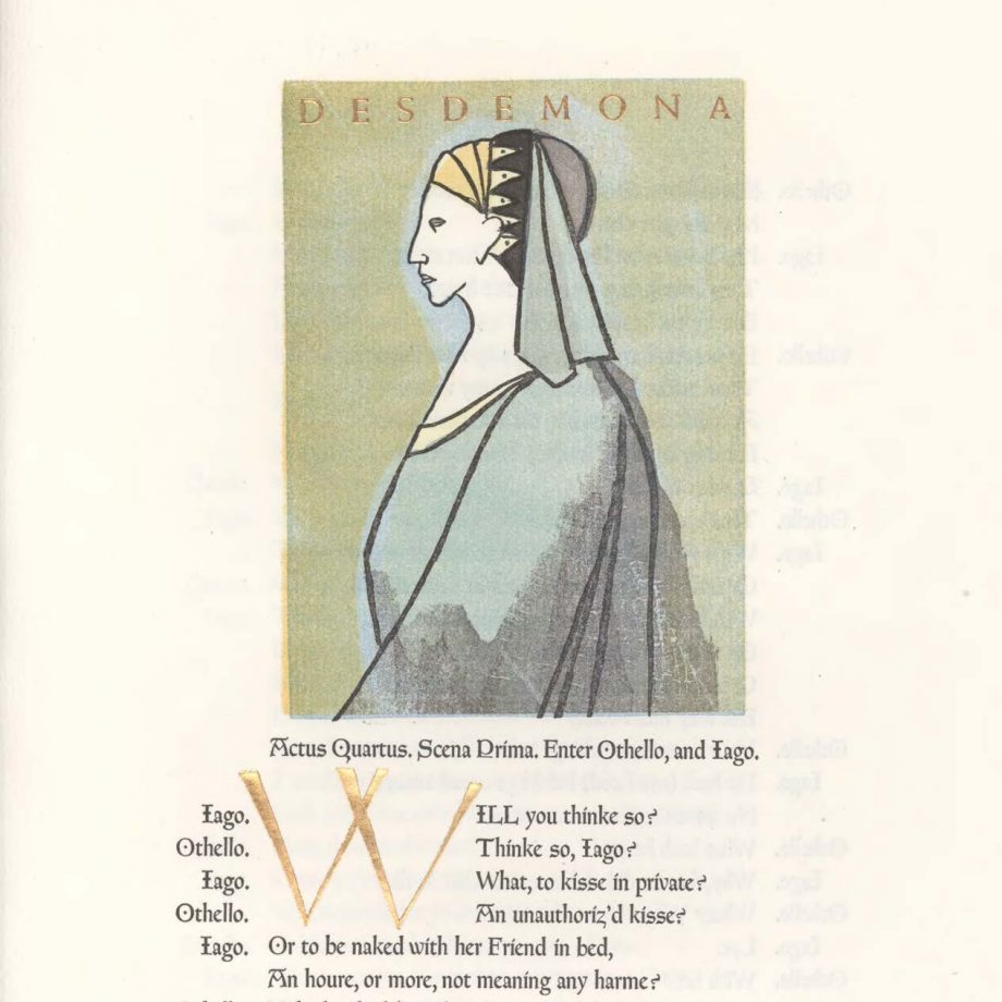 Stylized profile of Desdemona on a green background and illuminated gold initial