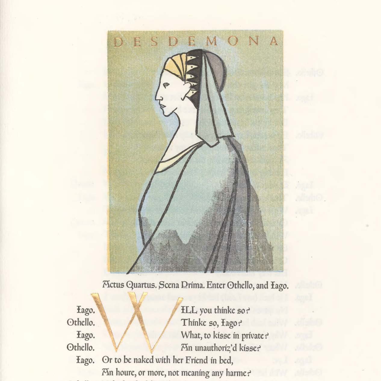 Stylized profile of Desdemona on a green background and illuminated gold initial