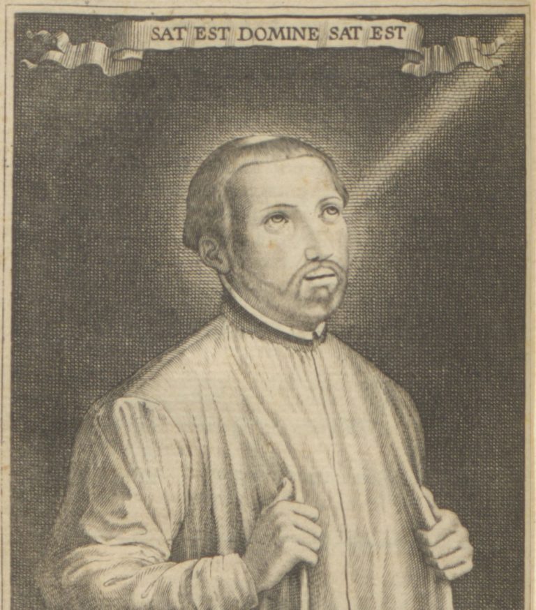 Engraving of St. Francis Xavier with beam of light. Above him reads "Sat est Domine sat est"
