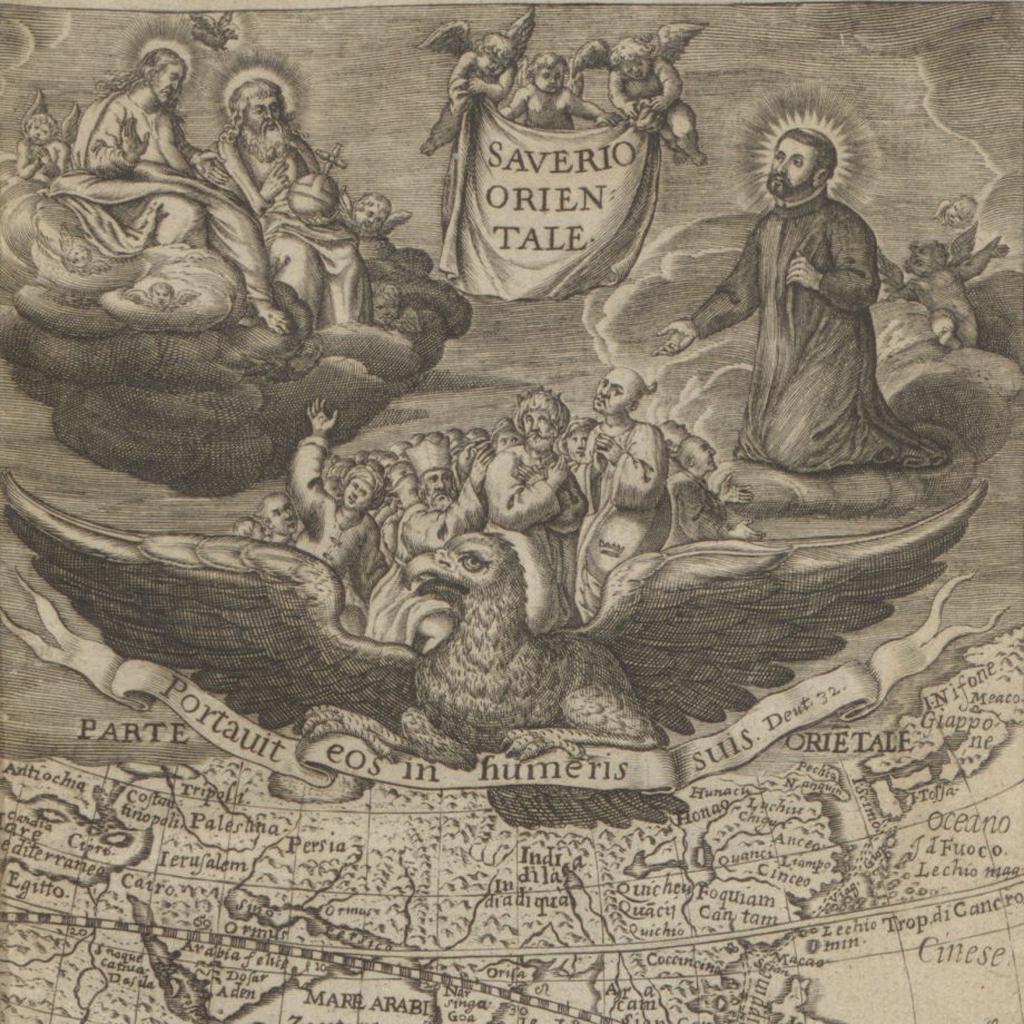 Group of people on an eagle in the clouds with St. Francis Xavier above a map of Asia