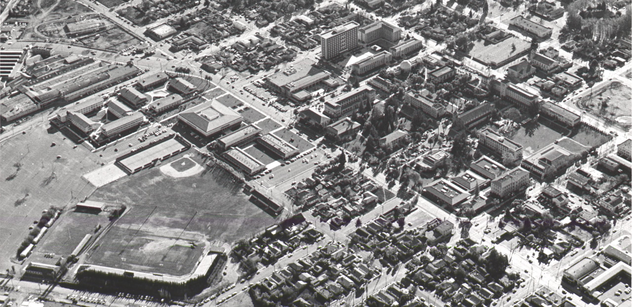Photograph showing an aerial view of Santa Clara Campus in the 1970s
