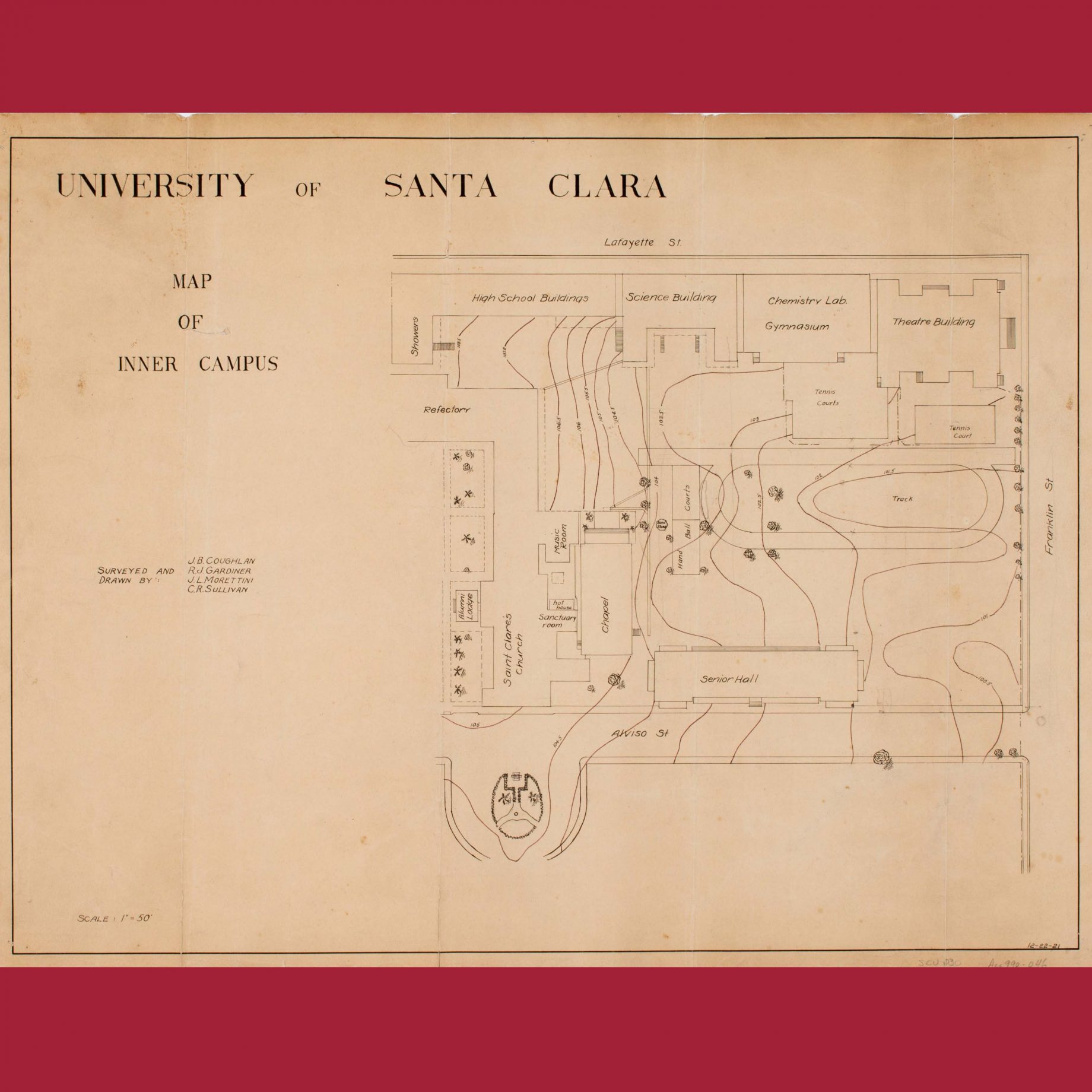 University of Santa Clara, map of Inner Campus, 1921. Yellowed hand-drawn map with SCU red border.