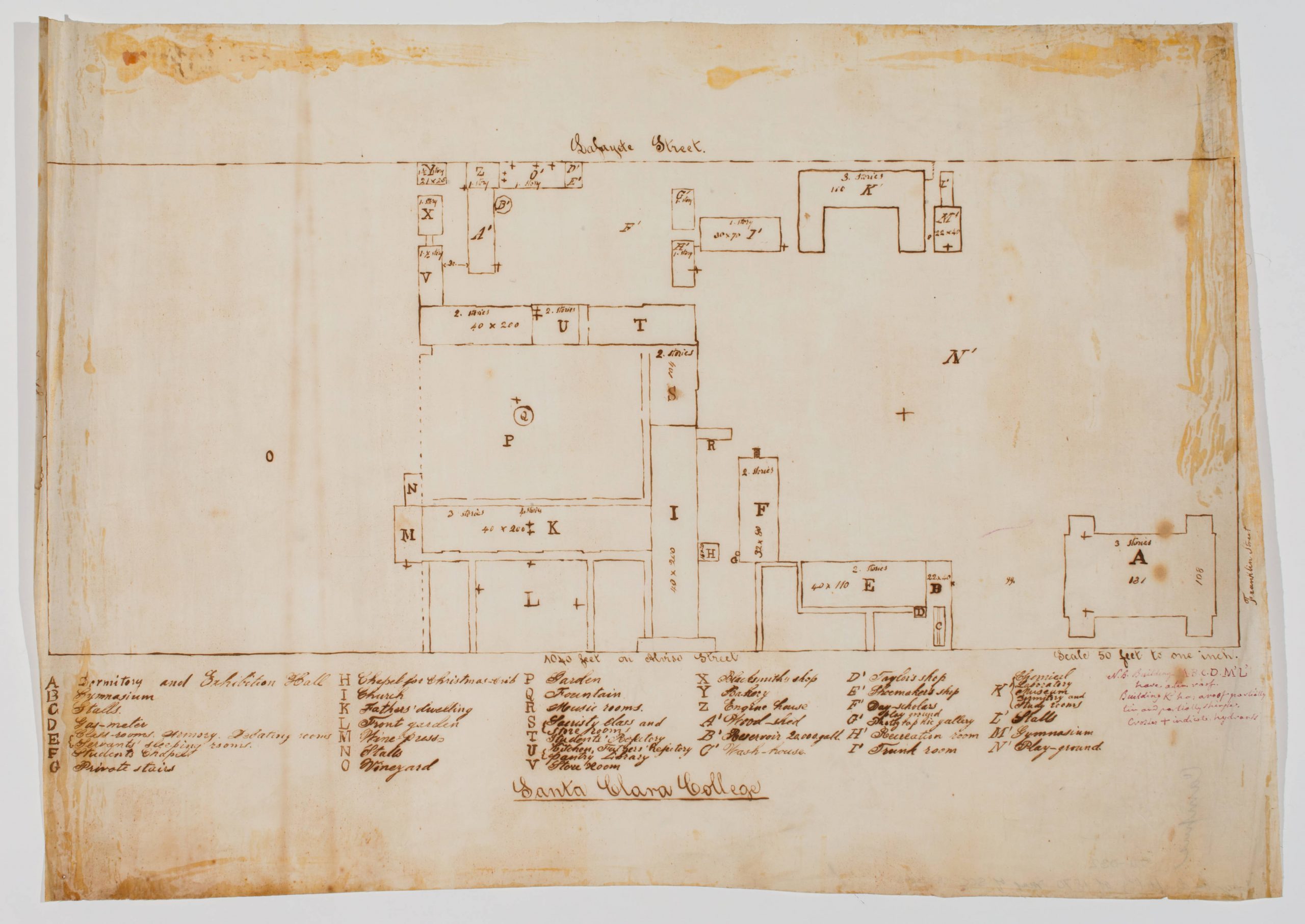 hand drawn map showing Santa Clara College campus in 1870