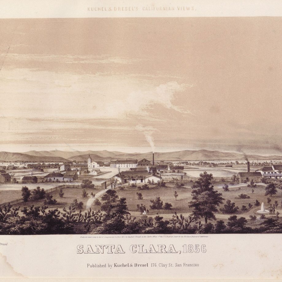 Sepia toned landscape drawing of Santa Clara, 1856 with the mission, the tannery and fields. Publisher and addressed listed at the bottom.