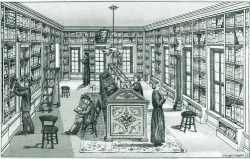 Library with floor to ceiling shelves, large windows and center standing desk for referencing the books
