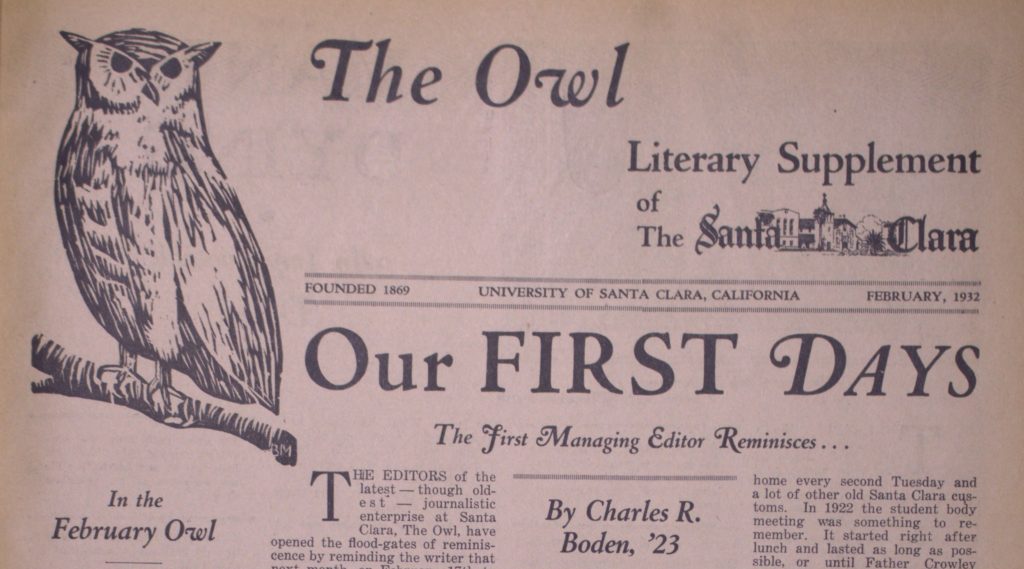 A page of 'The Owl' from February, 1932 titled: Our First Days, The first managing editor reminisces. There is also a depiction of an owl on a branch on the left side of the page.