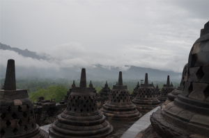 The views from Borobodur temple in the morning mist.
