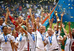 The United States celebrates after winning the FIFA Women's World Cup Canada 2015 5-2 against Japan at BC Place Stadium on July 5, 2015 in Vancouver, Canada. (Ronald Martinez/Getty Images)