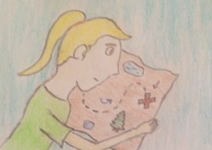 Our story's hero, Kara, taking a close look at the treasure map!